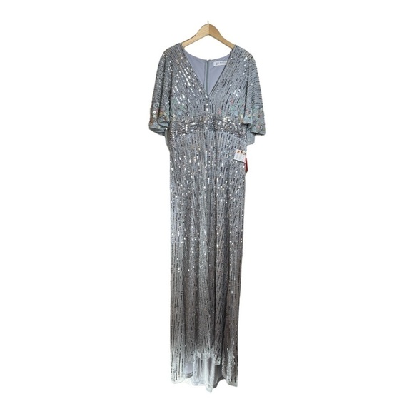 Mac Duggal Sequined V Neck Floral Embellished Cape Sleeve Gown NWT - Picture 2 of 8